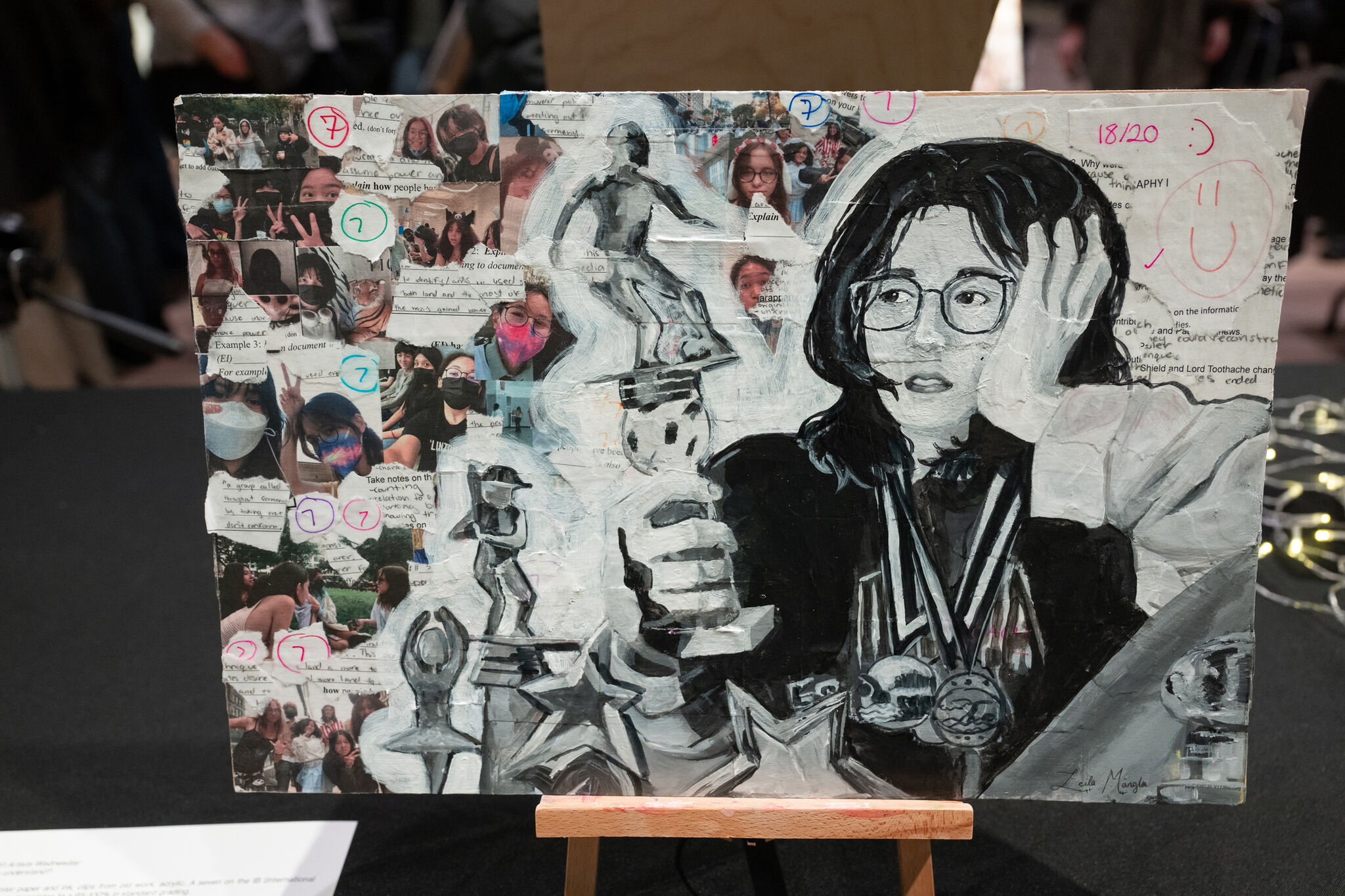 Collage featuring a grayscale portrait of a person with glasses, surrounded by photos, text snippets, and drawings of trophies and stars.