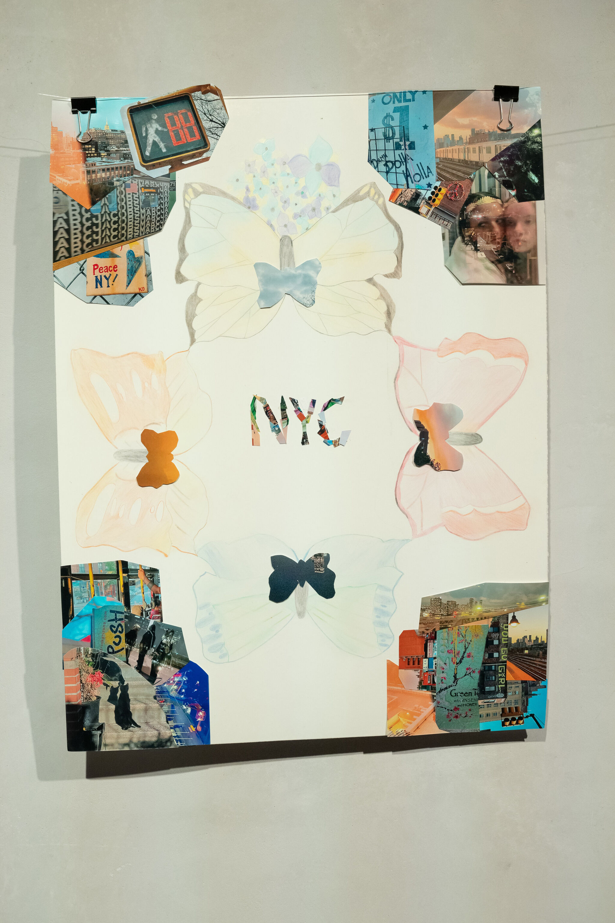 Collage featuring butterflies and NYC-themed images, including street signs and cityscapes, arranged around the letters "NYC."