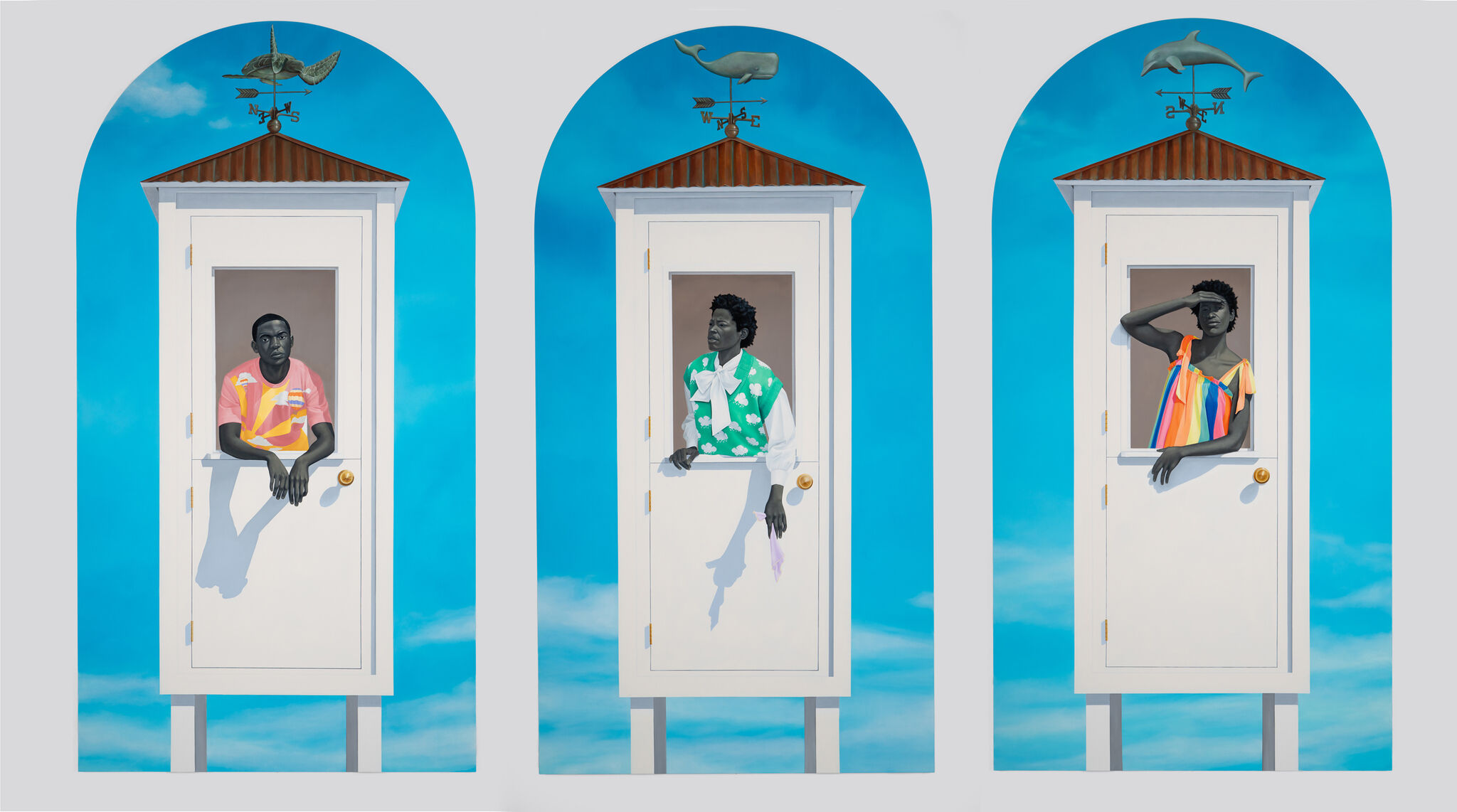 Three figures in colorful outfits lean out of doorways against a bright blue sky, each with a unique weather vane on top.