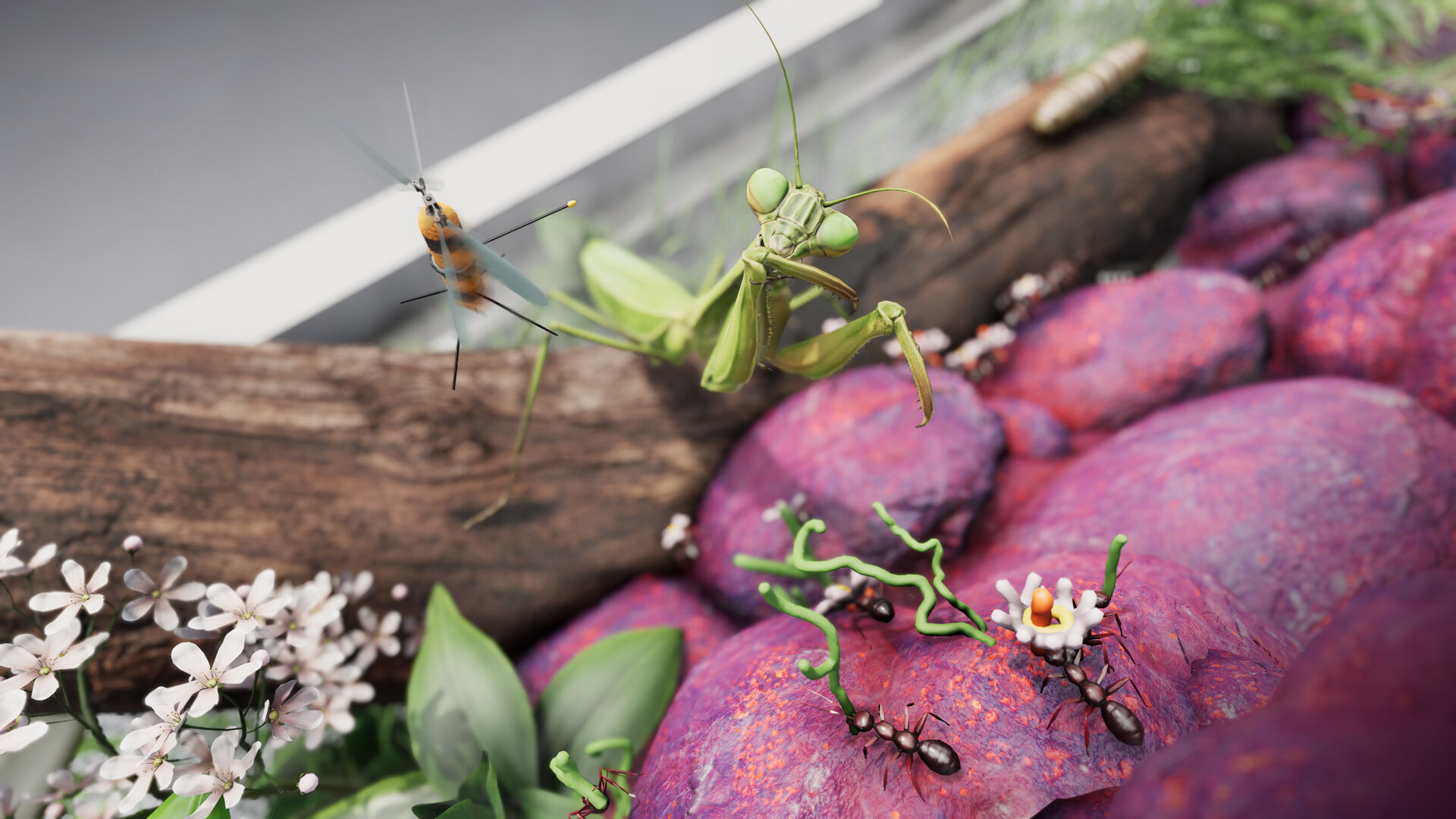 A green praying mantis reaches toward a flying insect, while ants crawl on purple rocks and flowers below.