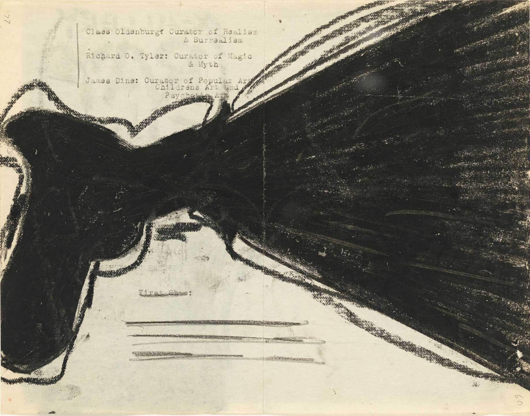 Large black abstract shape covers most of the page; faint typed text lists curators and their areas, including realism and magic.
