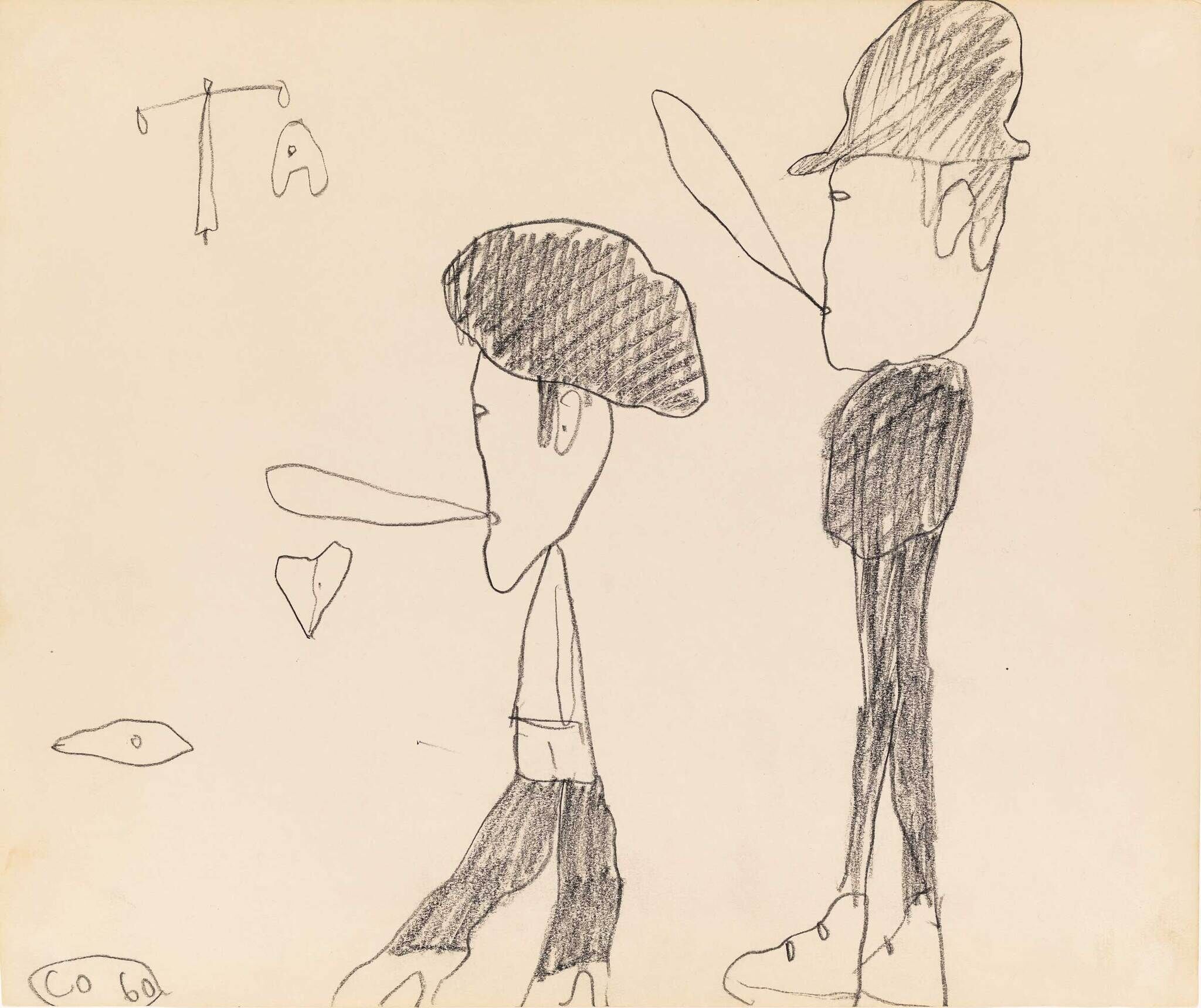 Two people with hats walk side by side, each blowing bubble gum. The letters "T" and "A" appear above.