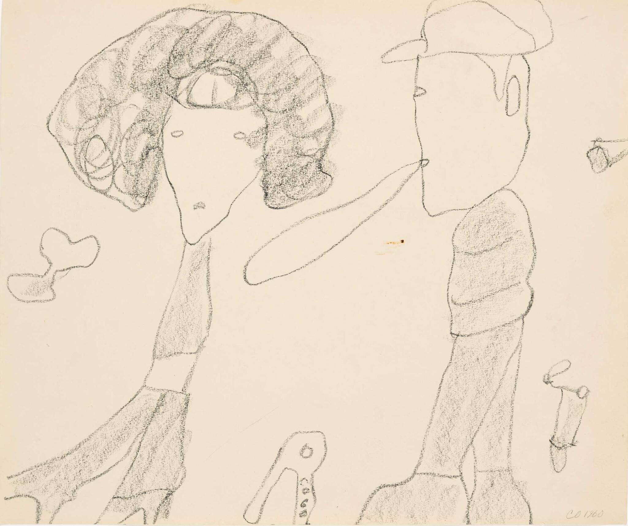 Two abstract figures drawn with simple lines, one with curly hair and the other wearing a cap, facing each other.
