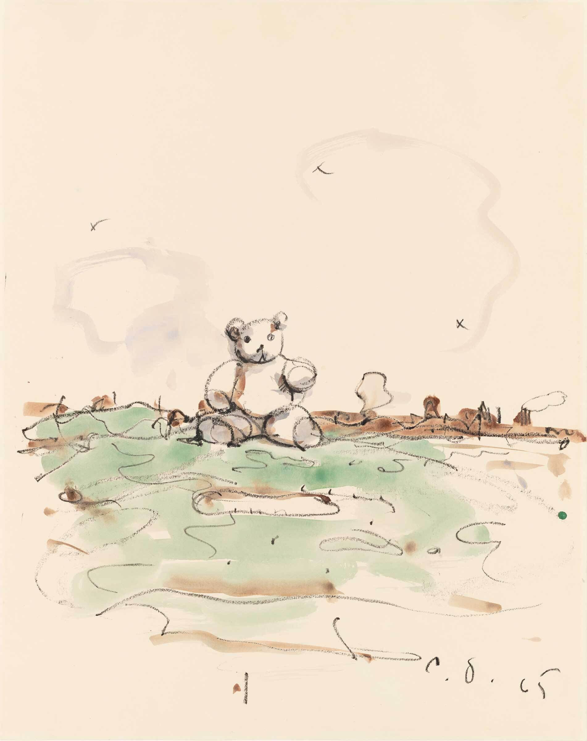 A teddy bear sits on a grassy field with a few birds flying in the sky above.