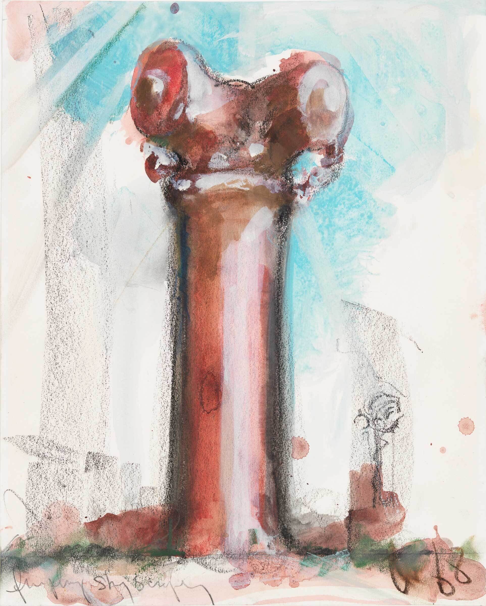 A large, reddish-brown column with a rounded top stands against a light blue and white background.
