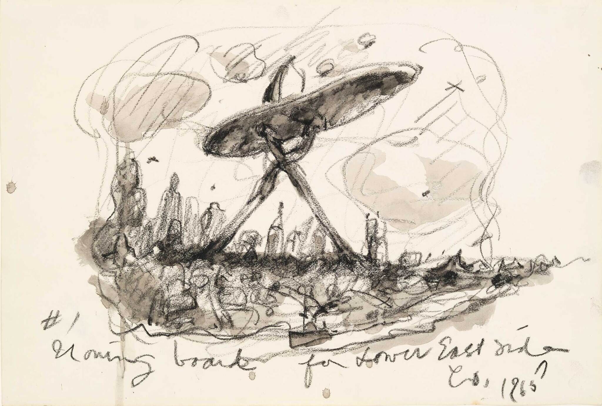 Large flying saucer with long legs stands over a city skyline; handwritten text reads “Lower East Side, ca. 1965.”
