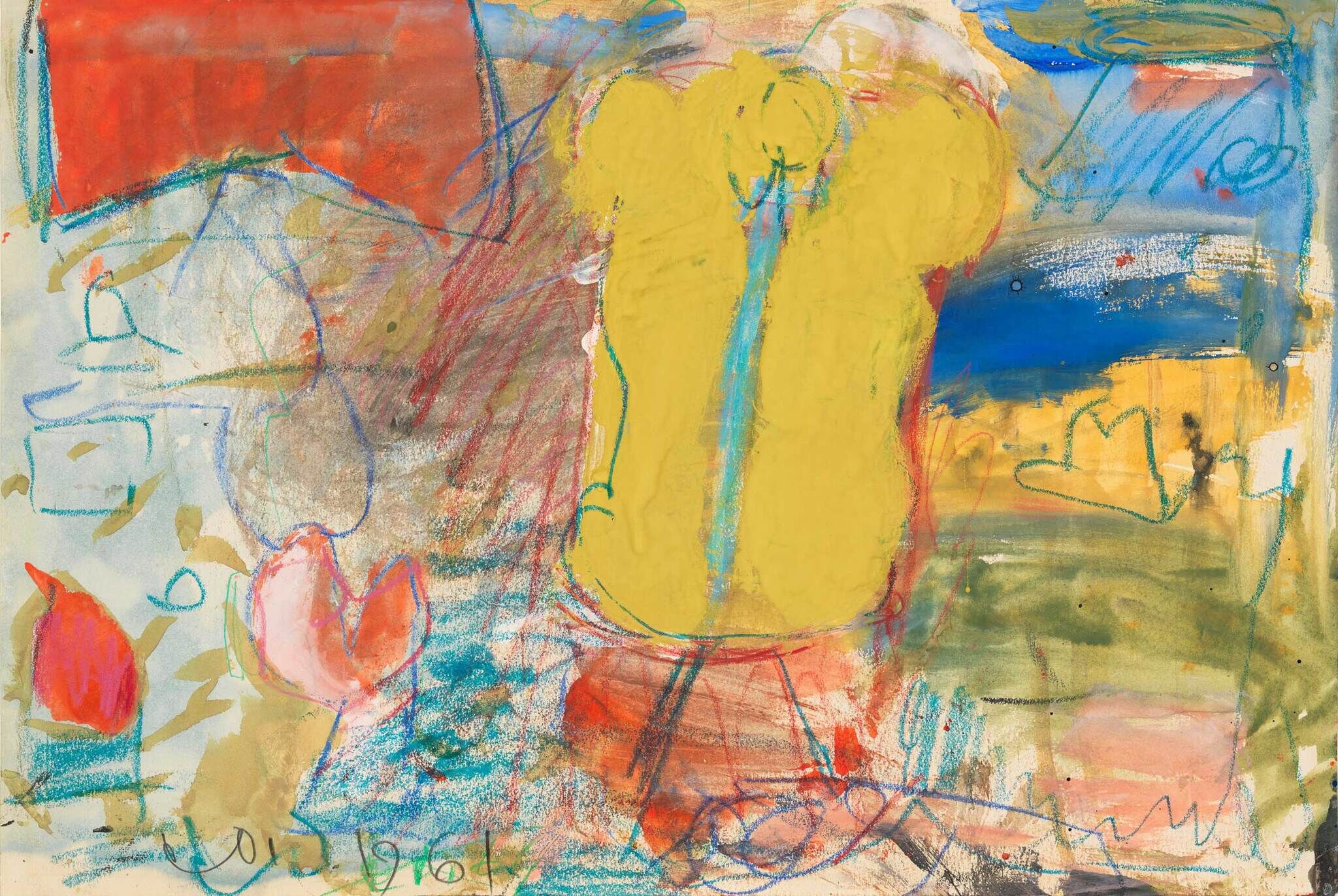 Colorful abstract drawing with a large yellow shape in the center, red and blue scribbles, and heart outlines.