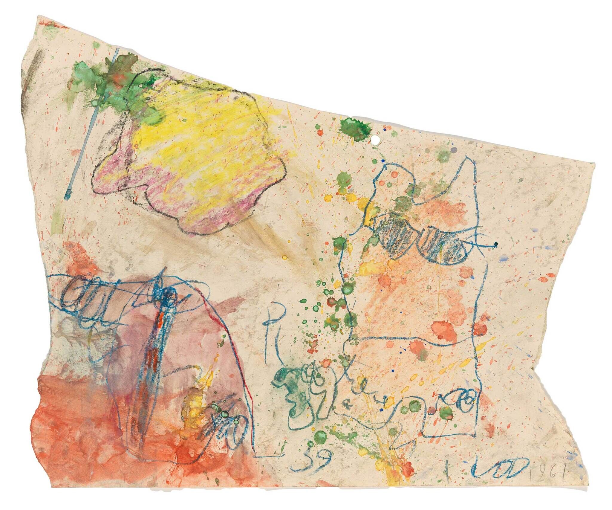Childlike drawing of a cat wearing sunglasses, colorful paint splatters, and scribbled numbers and letters on wrinkled paper.