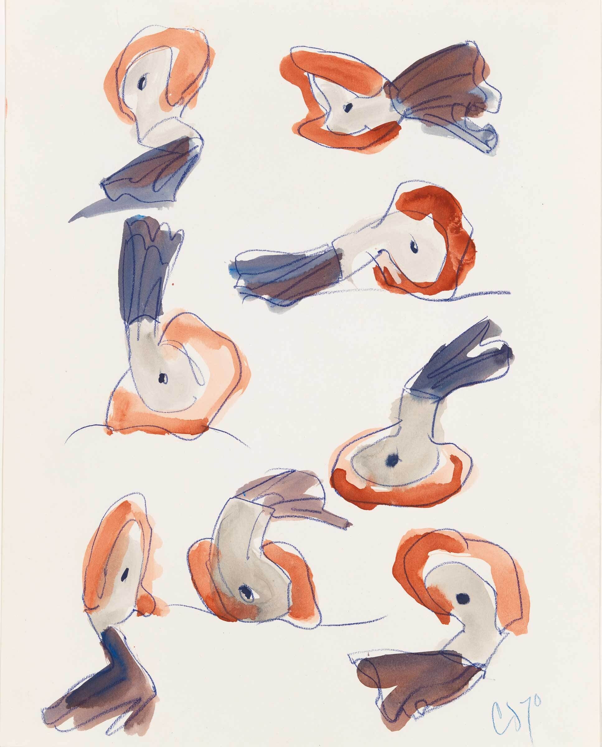 Nine simple drawings of a person with orange hair and a dark shirt, each showing a different head position.