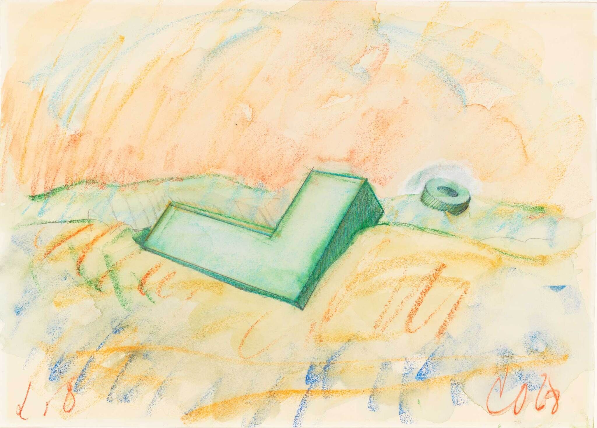 A green L-shaped object and a round gray item sit on a colorful, abstract background with soft lines.