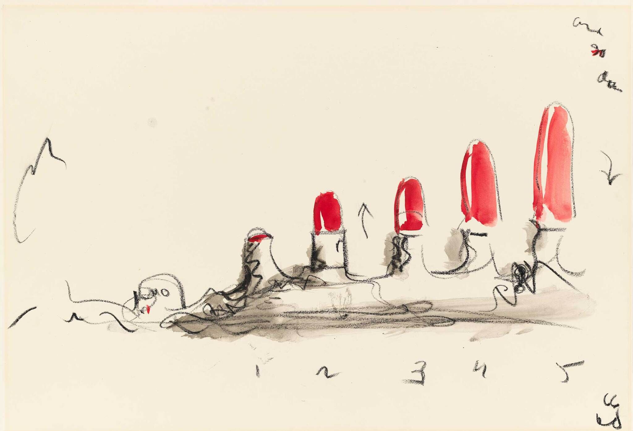 Five red lipsticks drawn in a row, each increasing in size, with numbers 1 to 5 written below.
