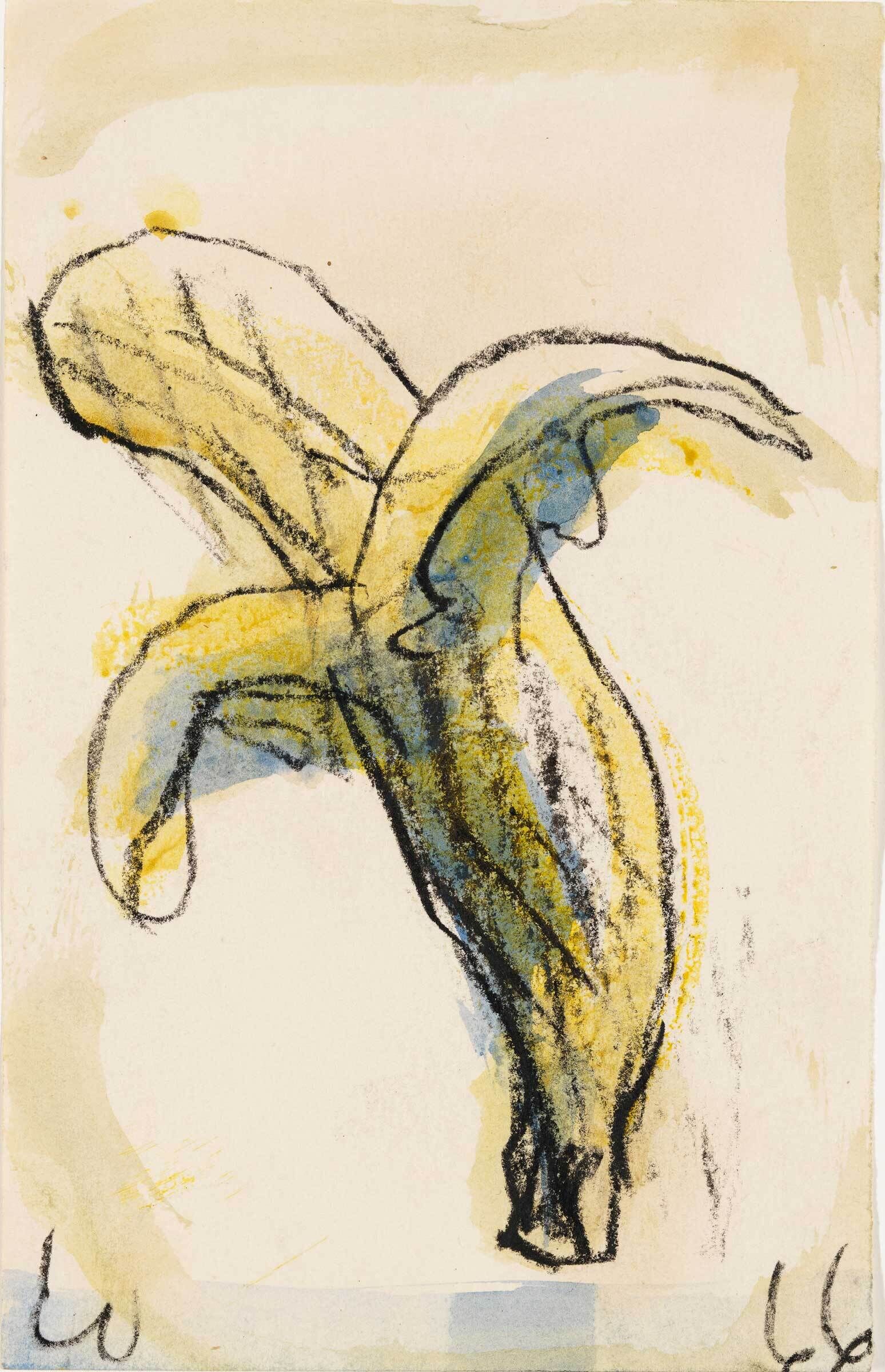 A simple drawing of a peeled banana with yellow and blue shading on a plain background.