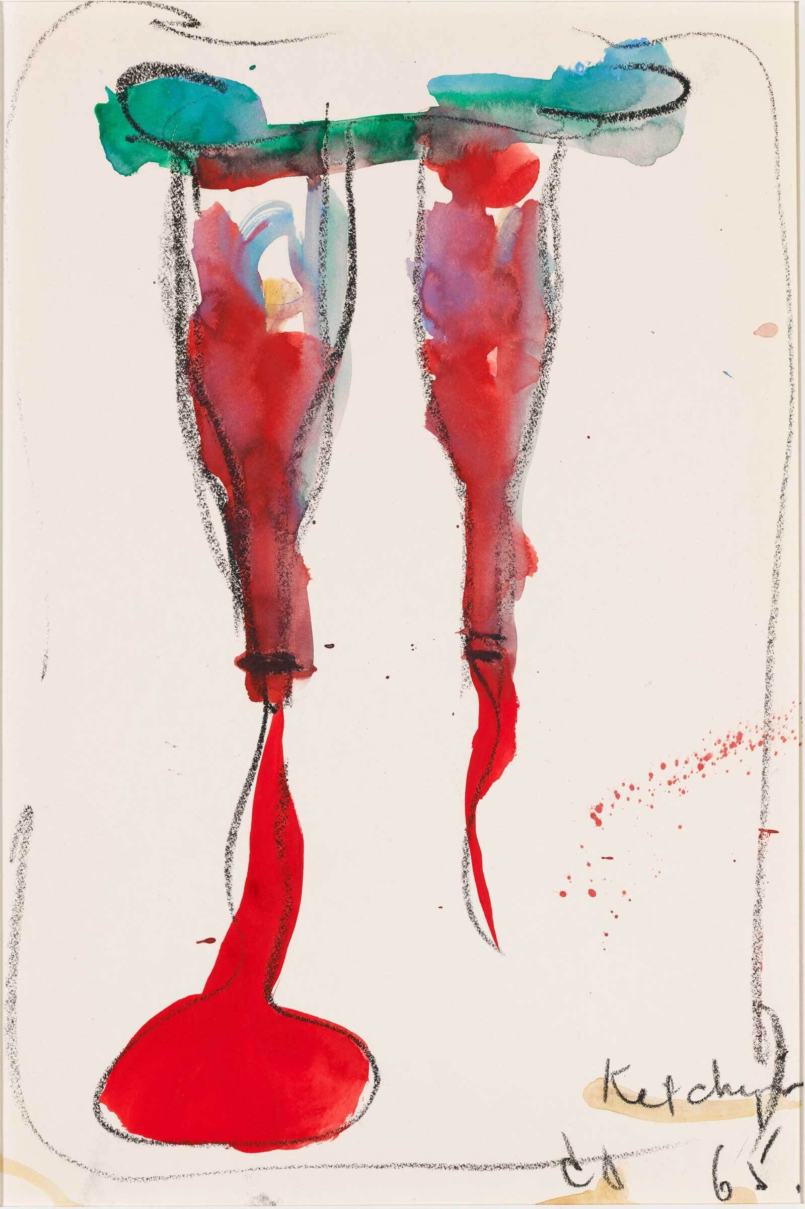 Abstract painting of two red streams resembling ketchup bottles, with the word “Ketchup” written in the bottom right corner.