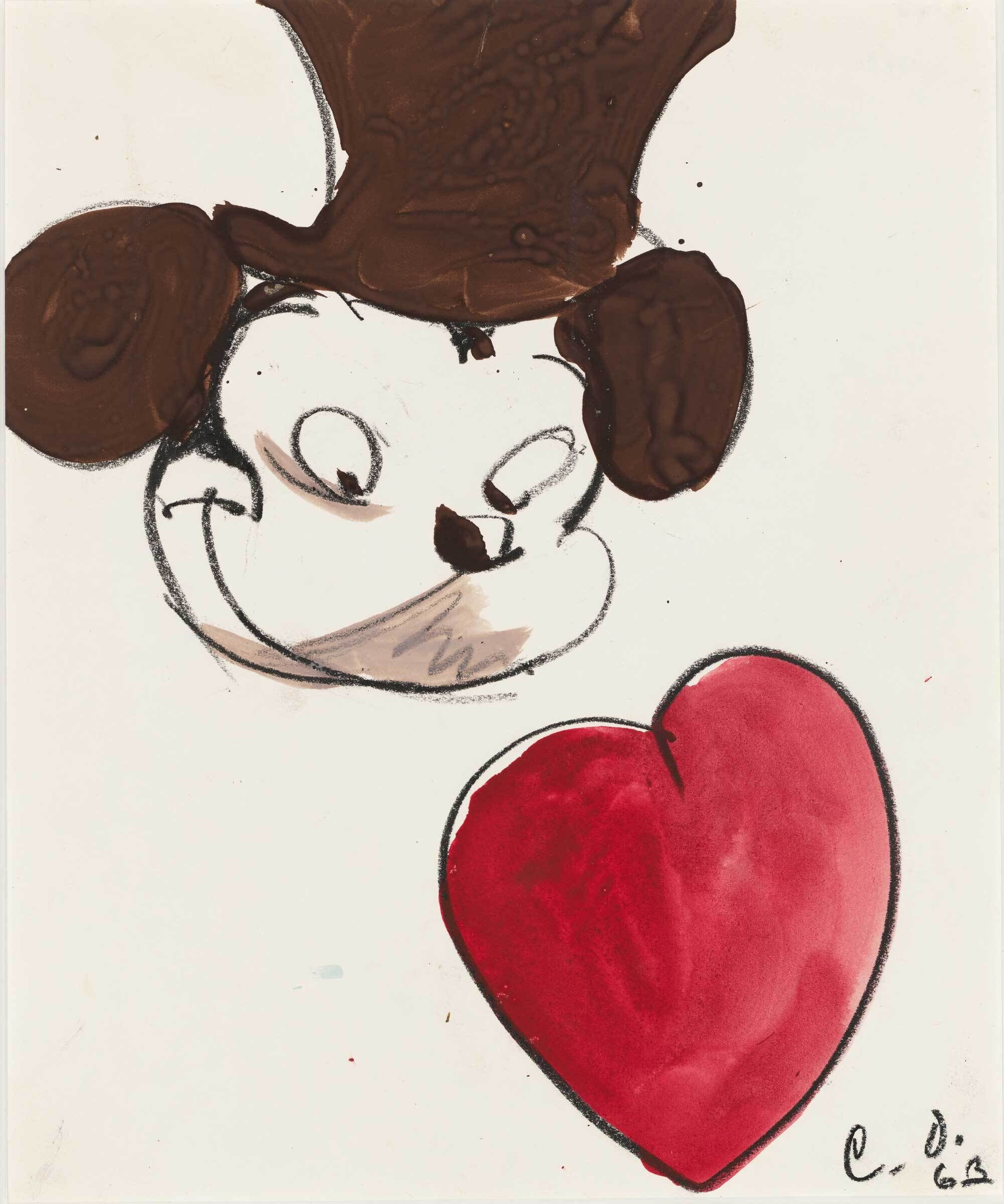 Cartoon mouse face with a brown hat looks at a large red heart. Signature and date in bottom right.