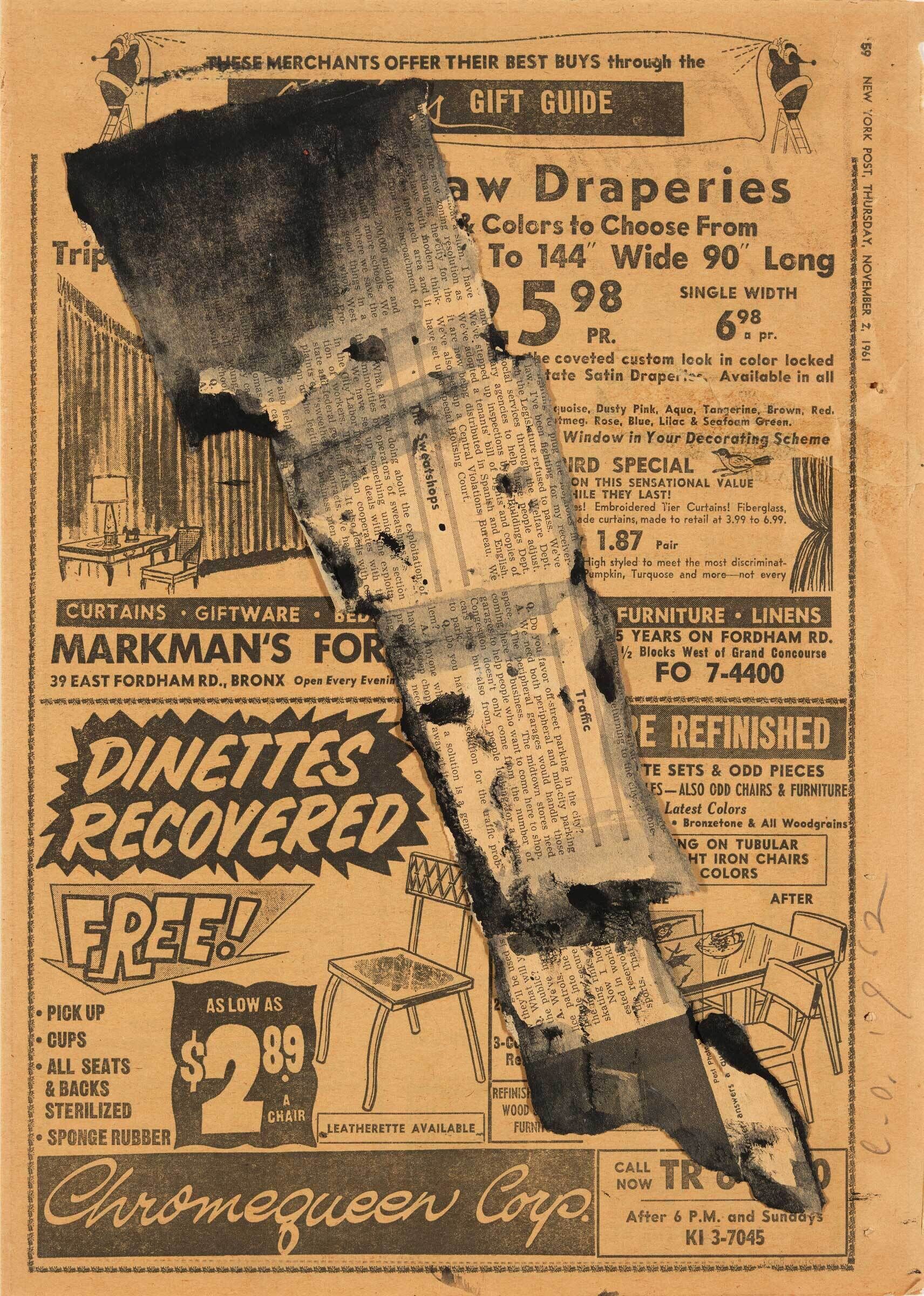 Old newspaper ad for draperies and dinette recovery, partly covered by a torn, black-stained piece of paper.
