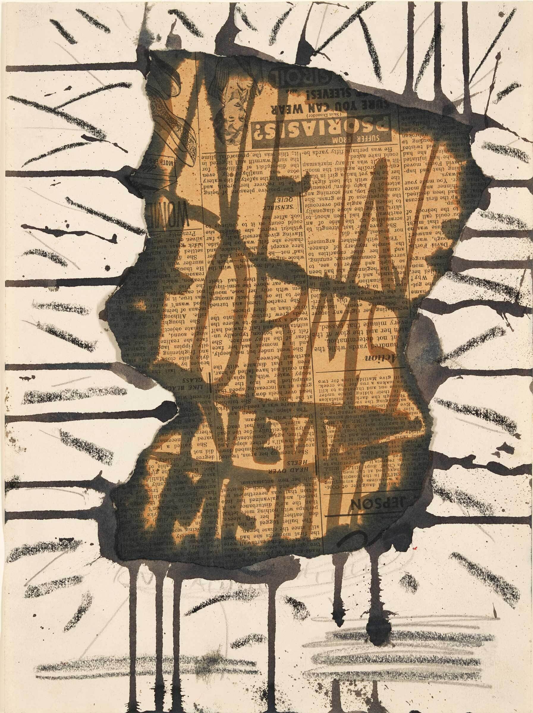 A torn newspaper with the words "NEW FORMS" painted in large letters, surrounded by black ink lines and drips.