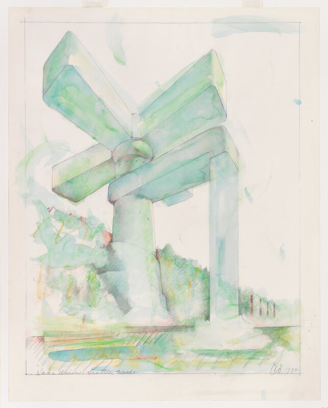 Large abstract concrete sculpture with three thick arms stands outdoors, surrounded by trees and grass.
