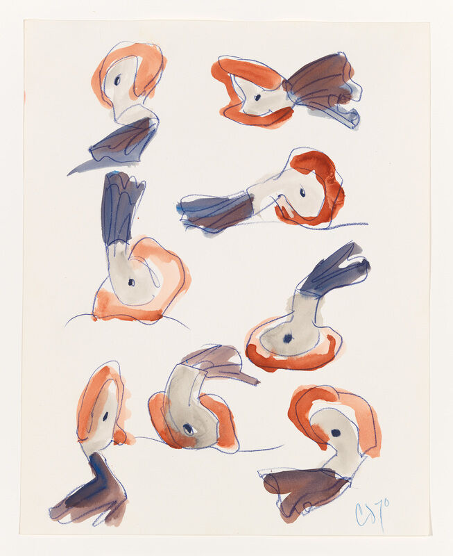 Nine abstract fish with orange heads and blue tails are painted in different positions on a white background.