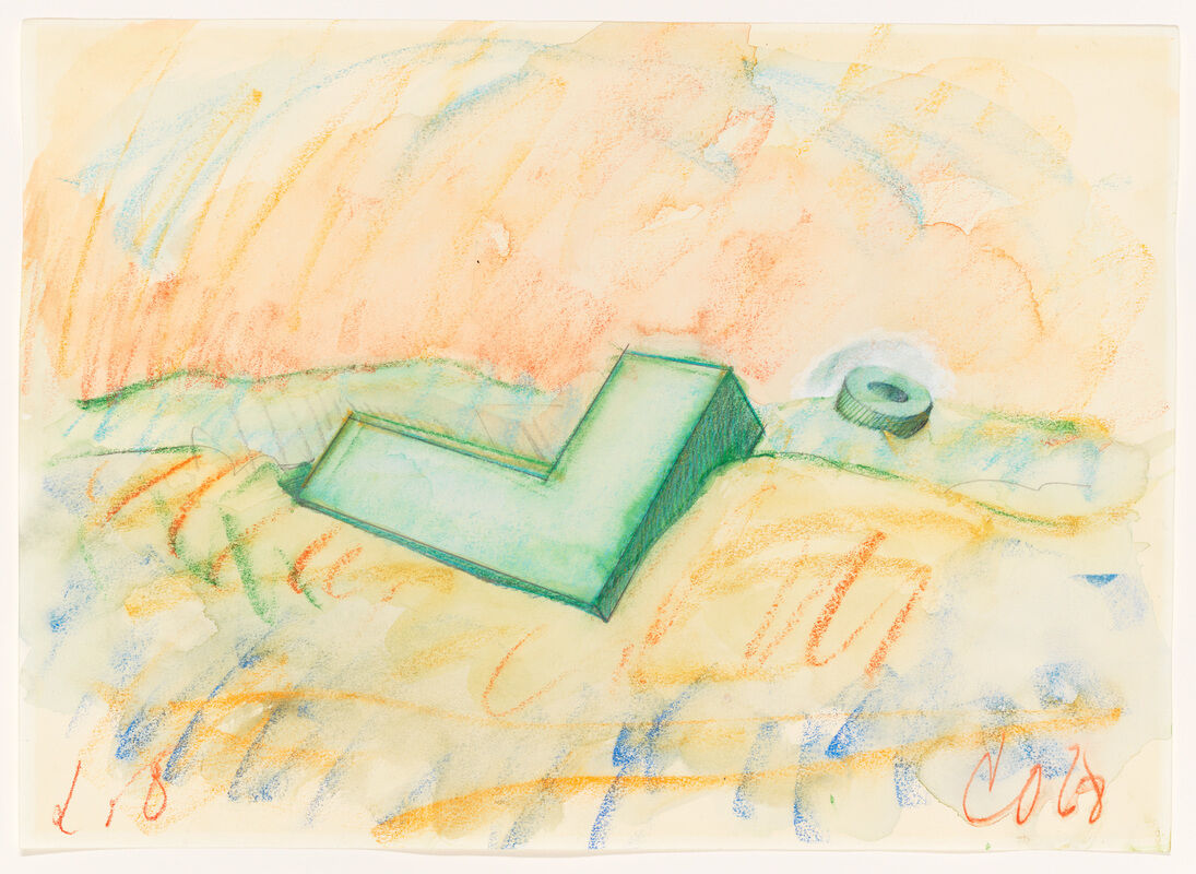 A green L-shaped object and a small gray cylinder sit on a colorful, abstract background with orange and yellow tones.