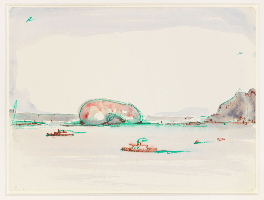 Several small boats float on calm water with distant hills and a large, rounded rock formation in the background.
