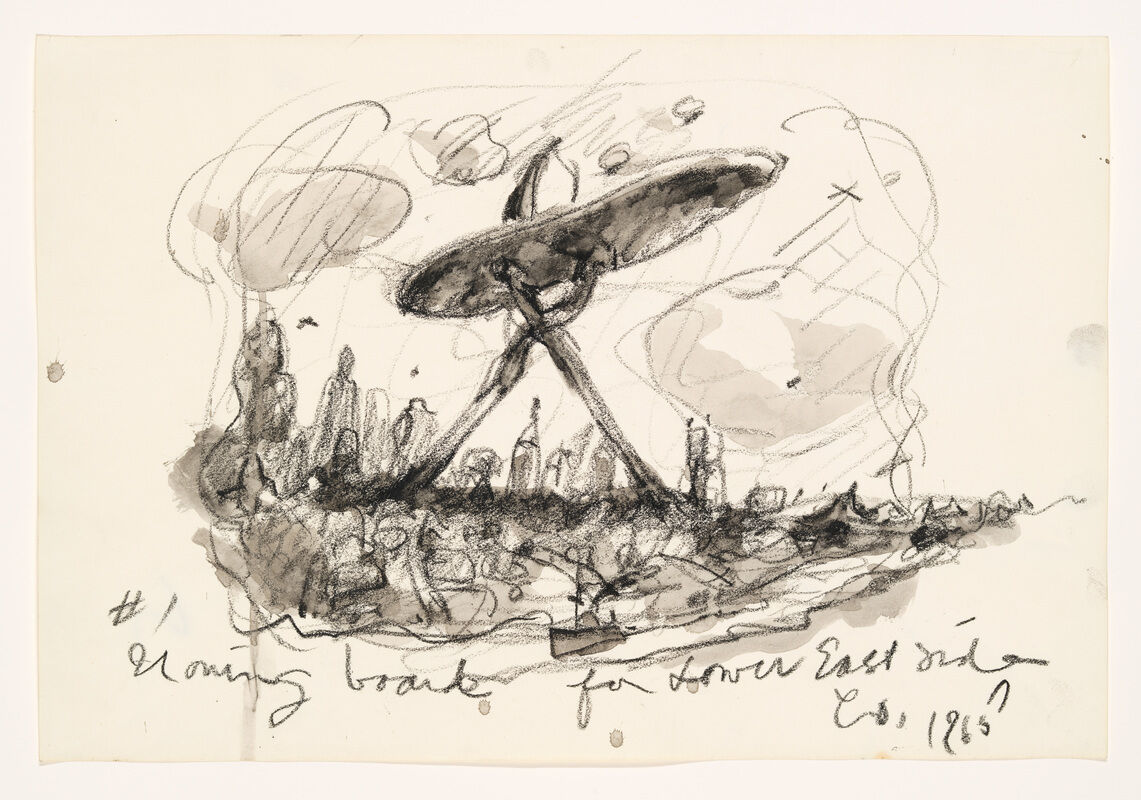 A large, tripod-like structure stands over a city skyline with handwritten text at the bottom of the drawing.