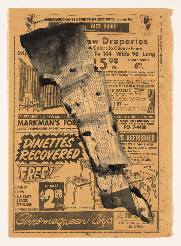 A torn, black-stained newspaper ad page features bold text “DINETTES RECOVERED FREE!” and furniture store promotions.