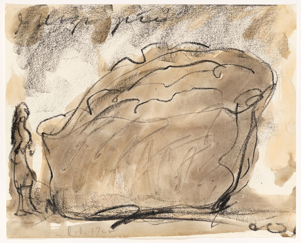 A person stands next to a large, abstract rock or boulder drawn with loose, dark lines.