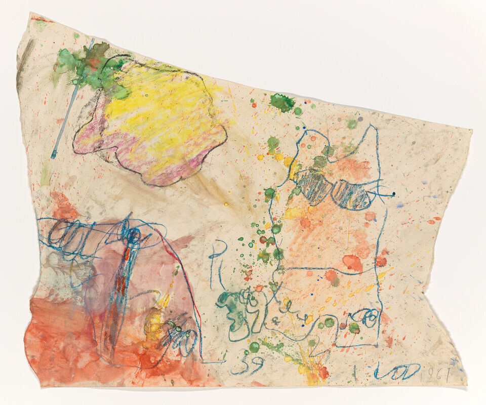 A childlike drawing of a cat wearing sunglasses, colorful paint splatters, and scribbled lines on wrinkled paper.