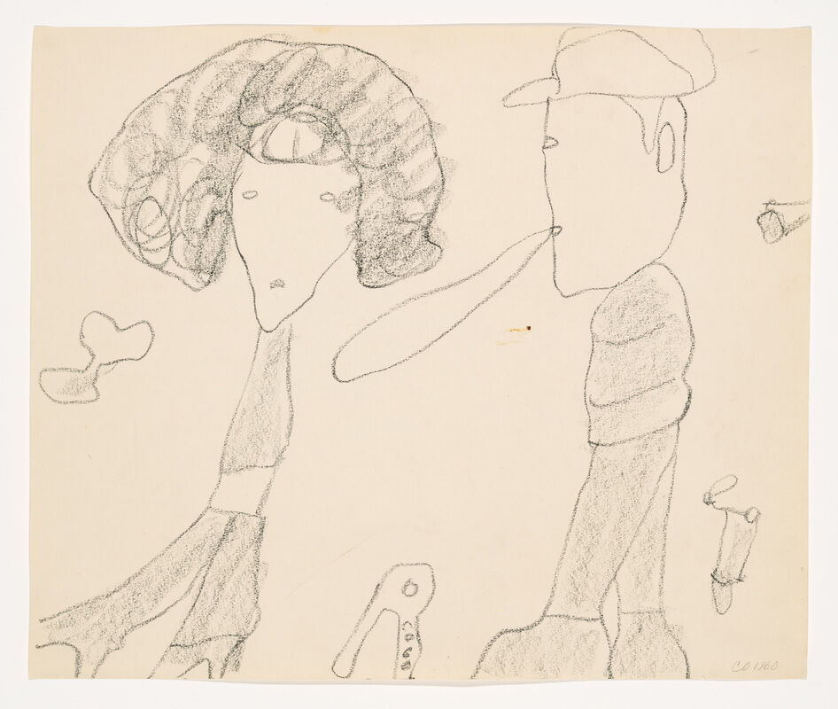 Two abstract, roughly drawn figures face each other, one with curly hair and the other wearing a cap.