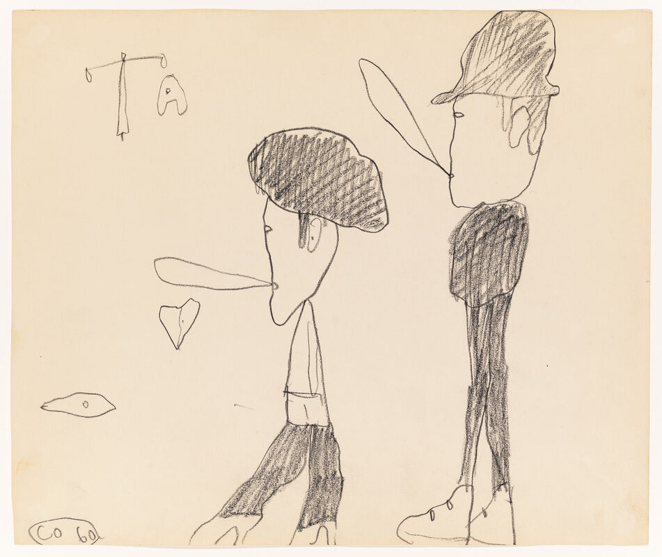 Two people with hats stand side by side, each with a speech bubble. Letters "T" and "A" appear above.