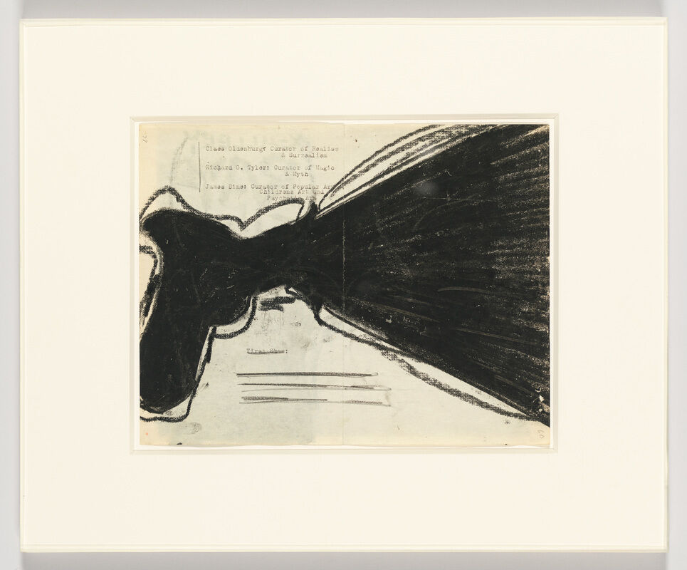 Large black abstract shape drawn over a typed page with partially visible names and titles near the top.