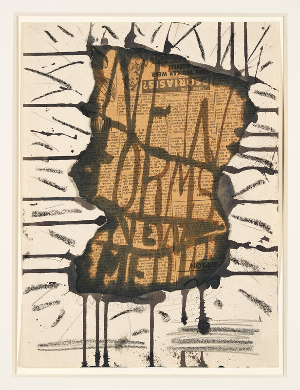 A torn newspaper with large, bold letters spelling “NEW FORM NEW MEDIA,” surrounded by black ink splatters and drips.