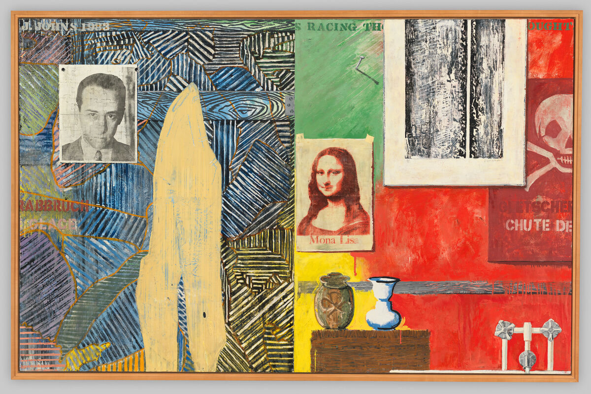 Collage-style painting with a black-and-white portrait, Mona Lisa image, skull symbol, and colorful abstract patterns.