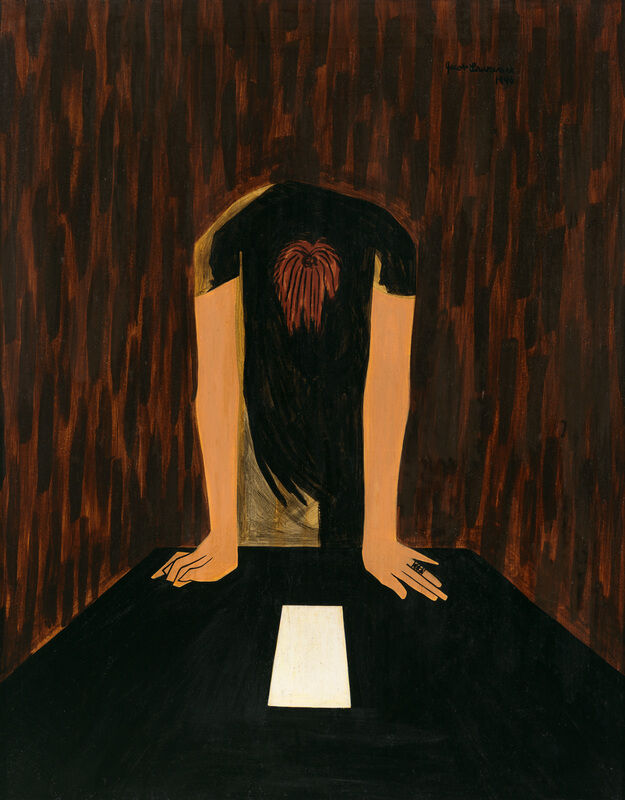 Person with head down and hands on a table, facing a single white sheet of paper.