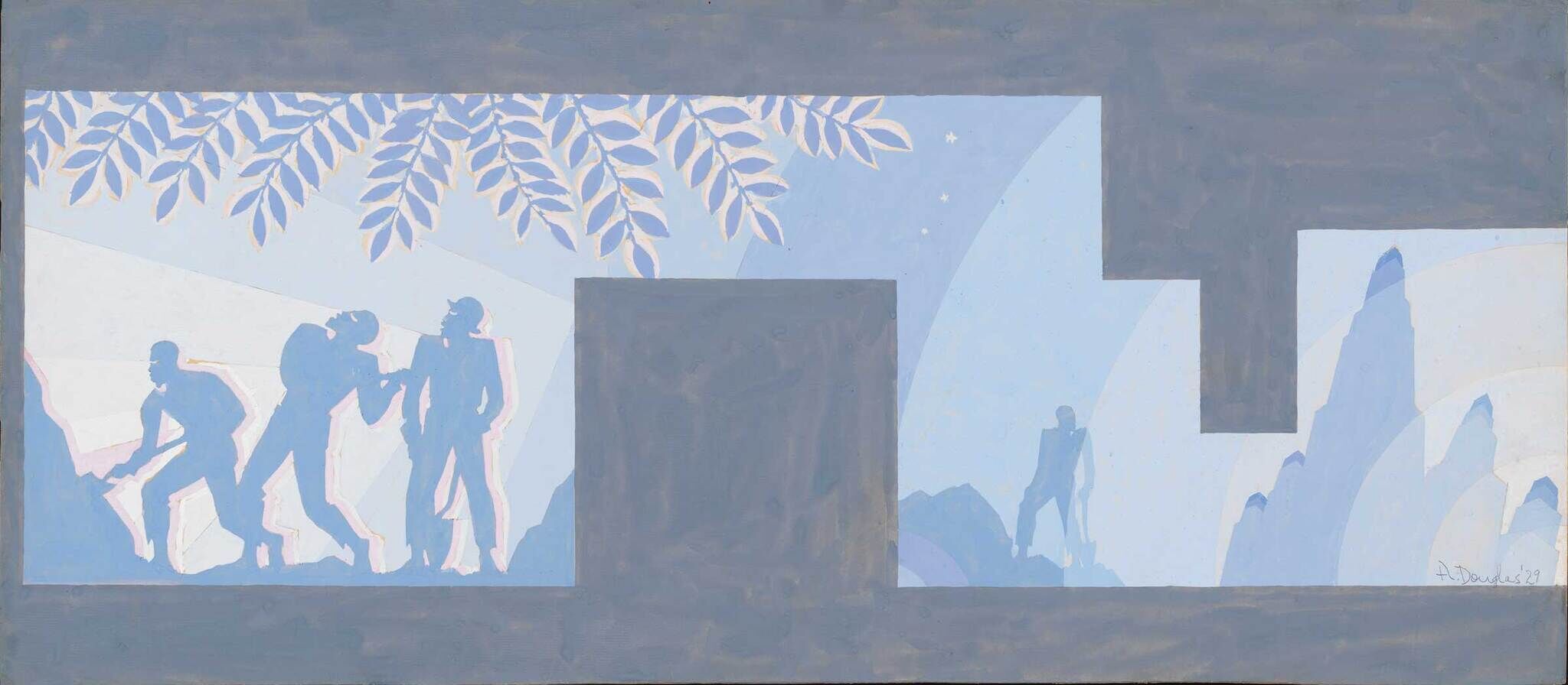 Four people with tools work together under leafy branches, while another person stands alone near mountains in the distance.
