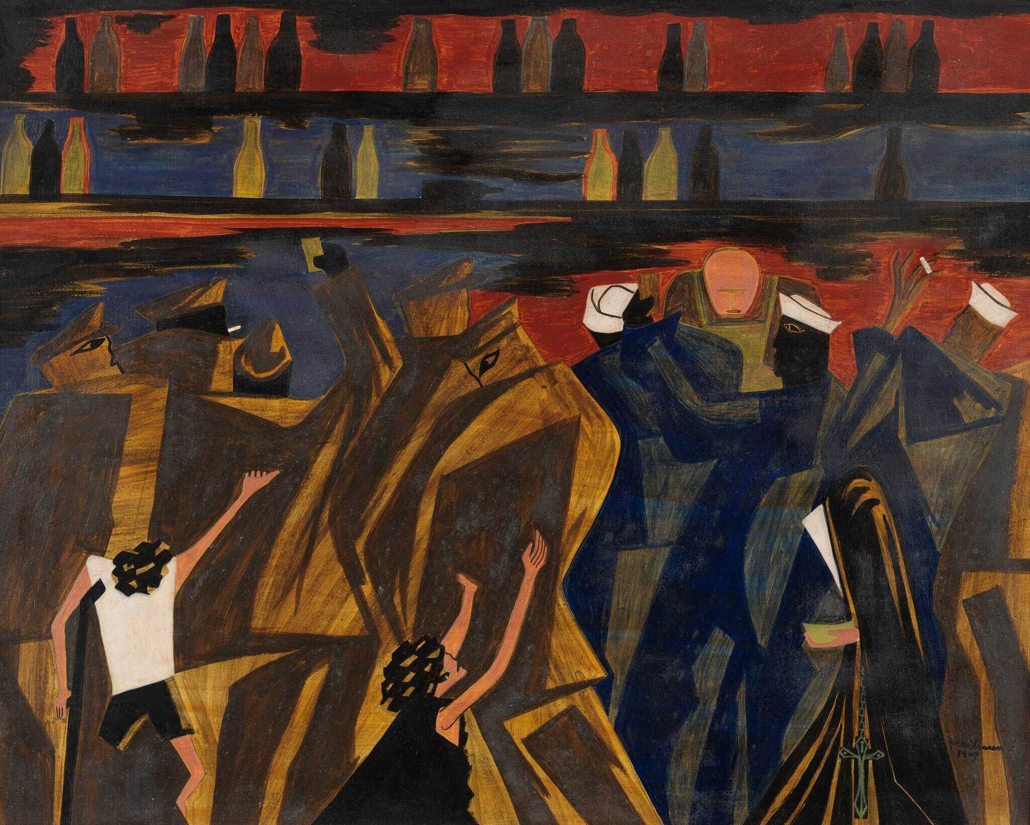 Several abstract figures stand together in a bar, some holding drinks or cigarettes, with bottles lined up on shelves.