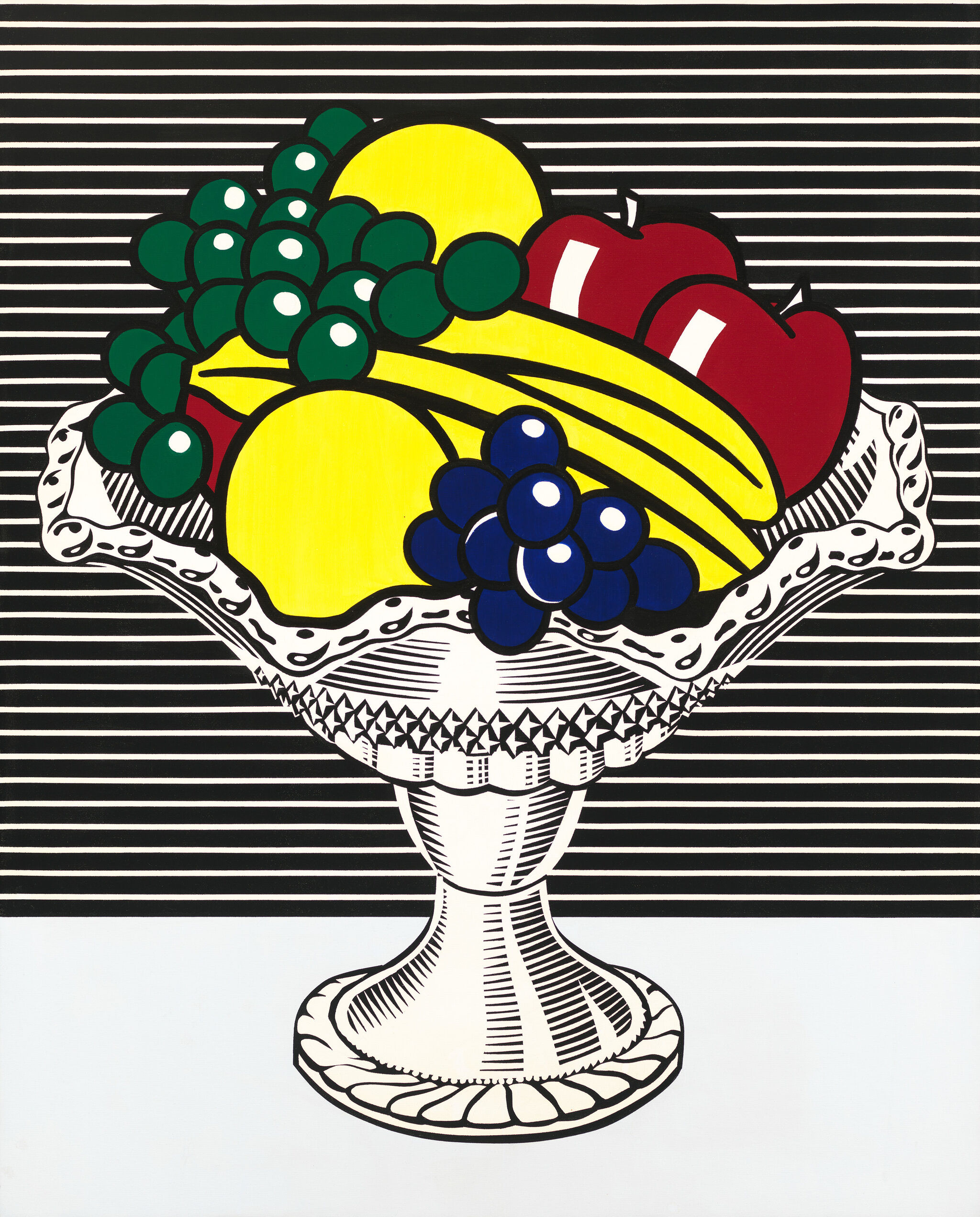 A bowl with bananas, apples, grapes, and lemons in a bold, cartoon-like style with striped background.