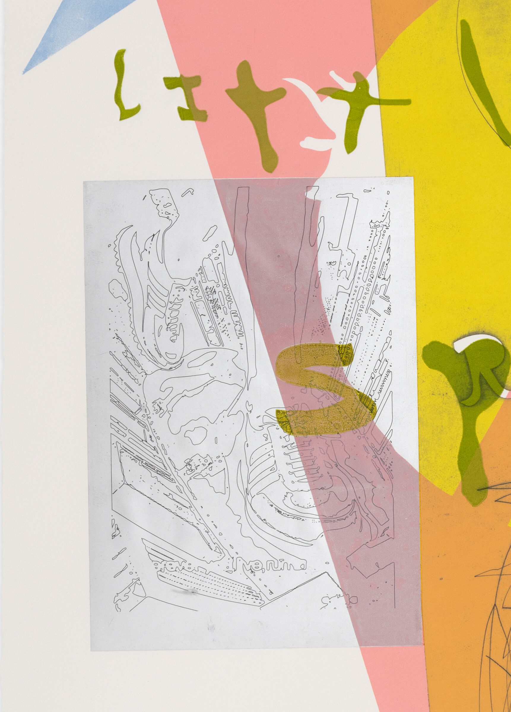 Abstract shapes and colors overlap a faint line drawing of sneakers, with scattered green and yellow letters on top.