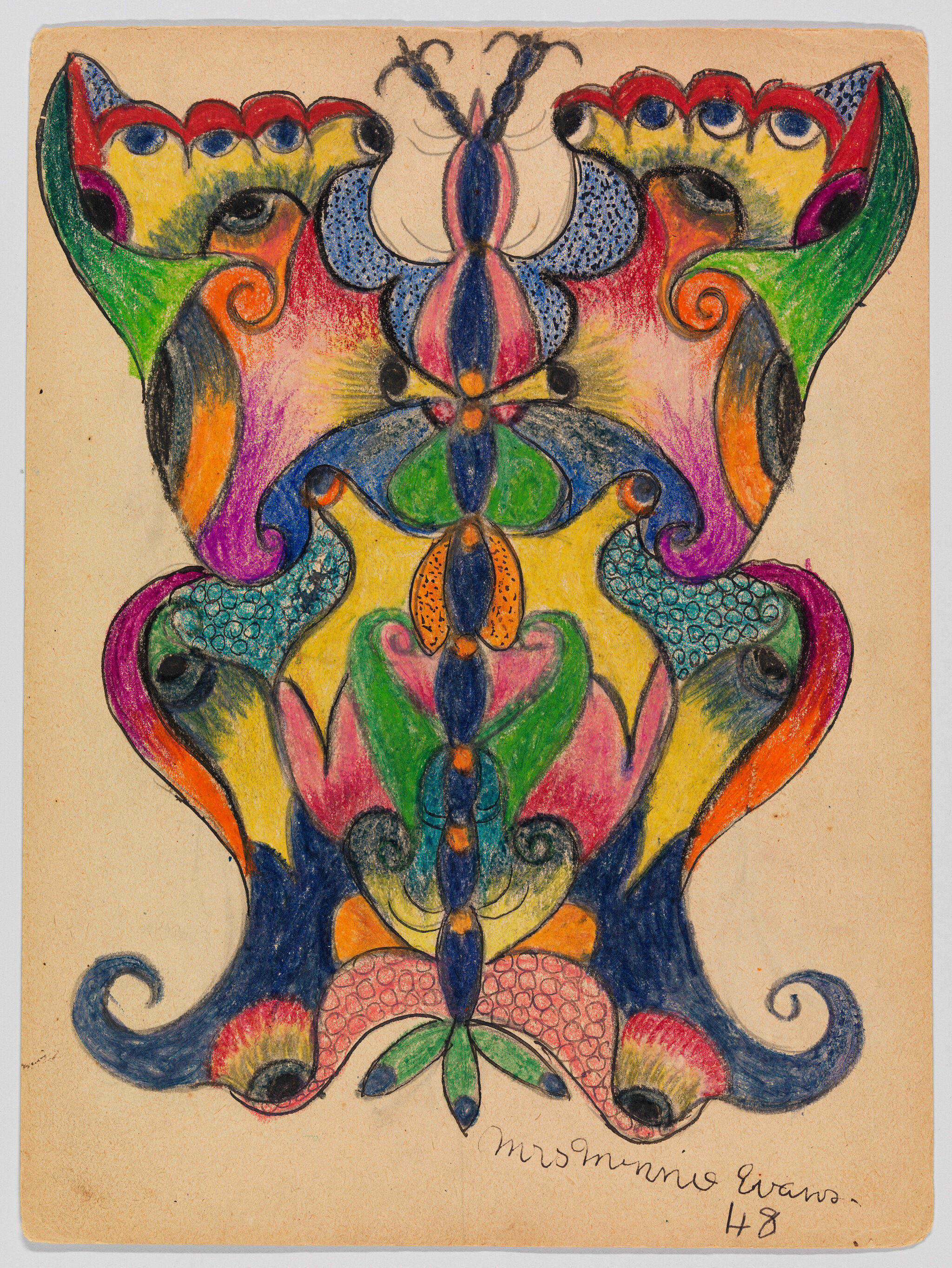 Colorful symmetrical drawing resembling a butterfly or insect, signed “Mrs. Minnie Evans 48” at the bottom.
