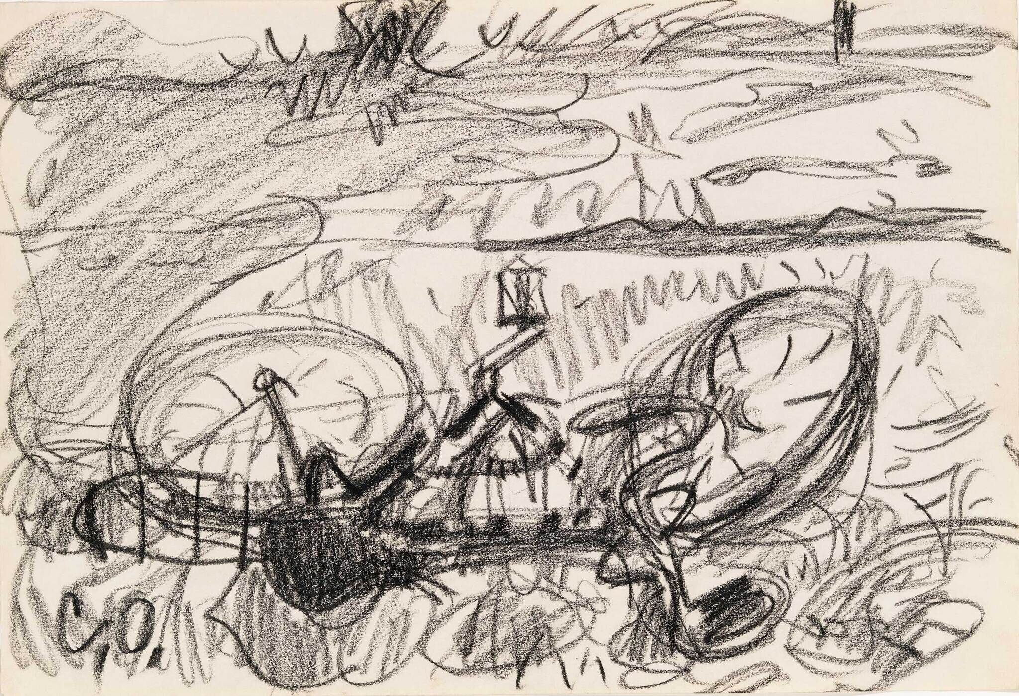 A rough black pencil sketch shows a bicycle lying on the ground in a grassy outdoor area.