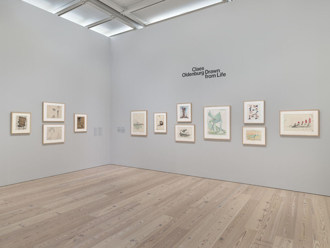 Art gallery wall displays framed drawings with the text “Claes Oldenburg Drawn from Life” above the artwork.