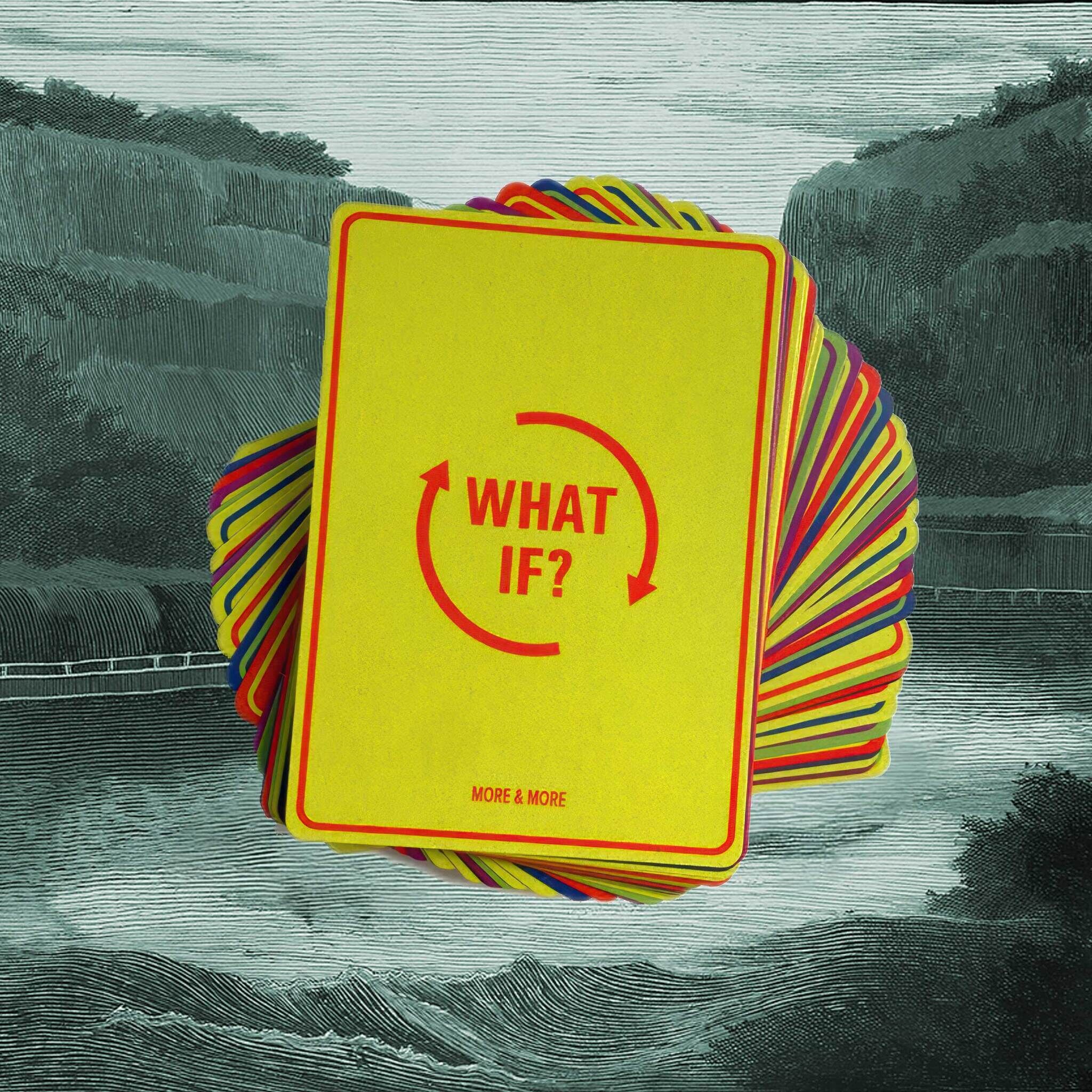 A deck of playing cards is arrayed in a tight circle against a black and white woodcut of a river flowing in a deep ravine between two high riverbanks. The top card has a yellow background with red text that says "What If?"