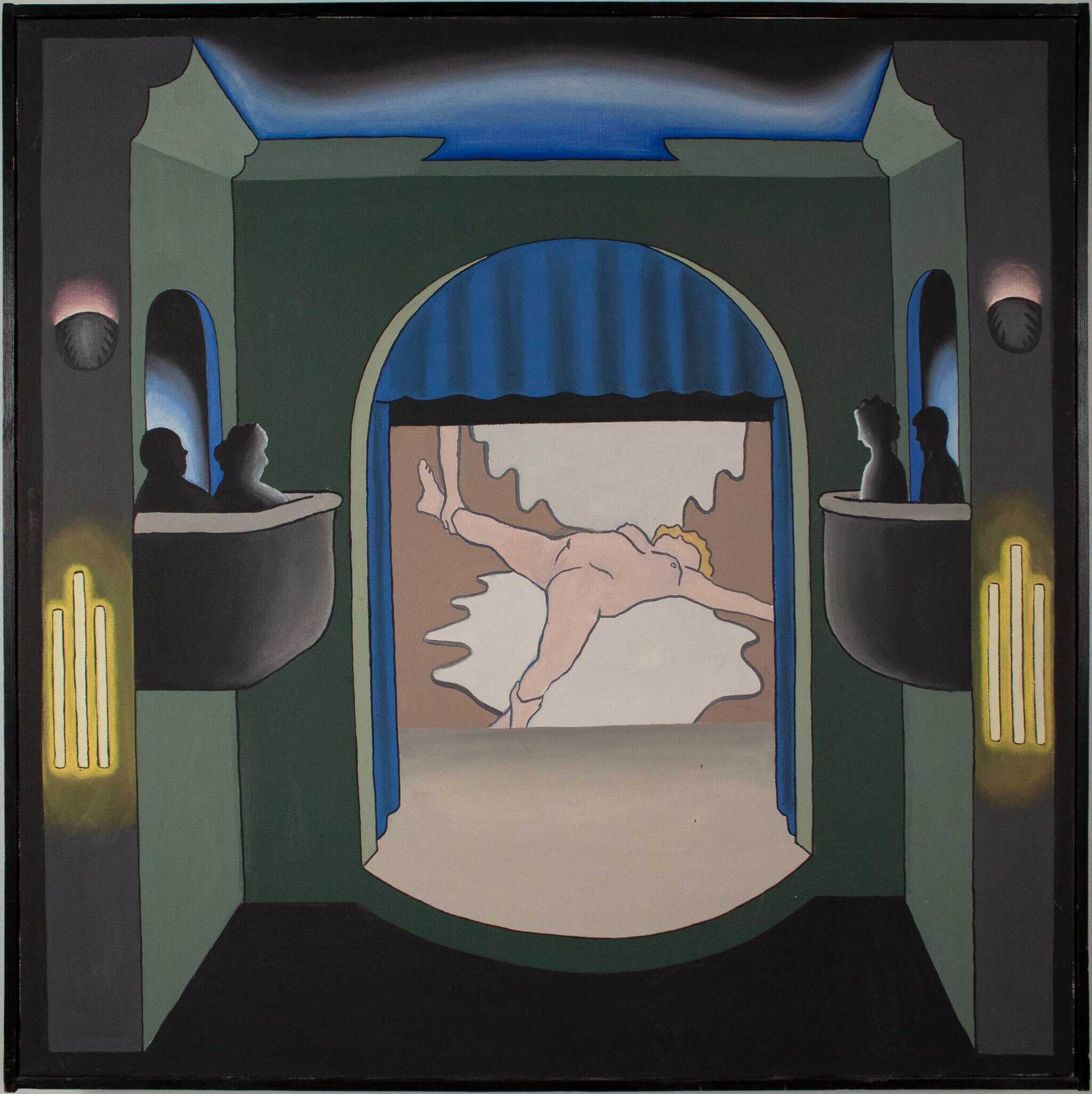 A painting of a movie house with abstracted audience members in box seats. A naked person is splayed out on the screen, an arm reaches from the upper left corner grabbing the person’s right leg.