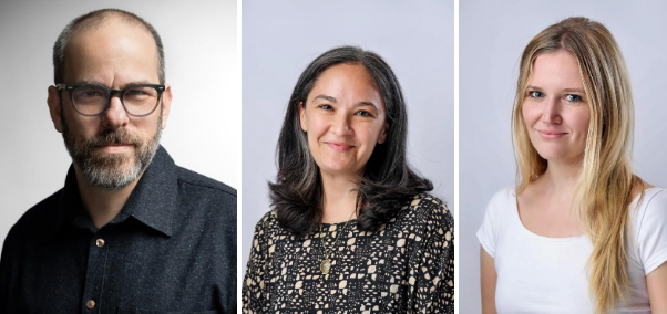 Three adults stand against plain backgrounds, each facing forward and smiling gently at the camera.