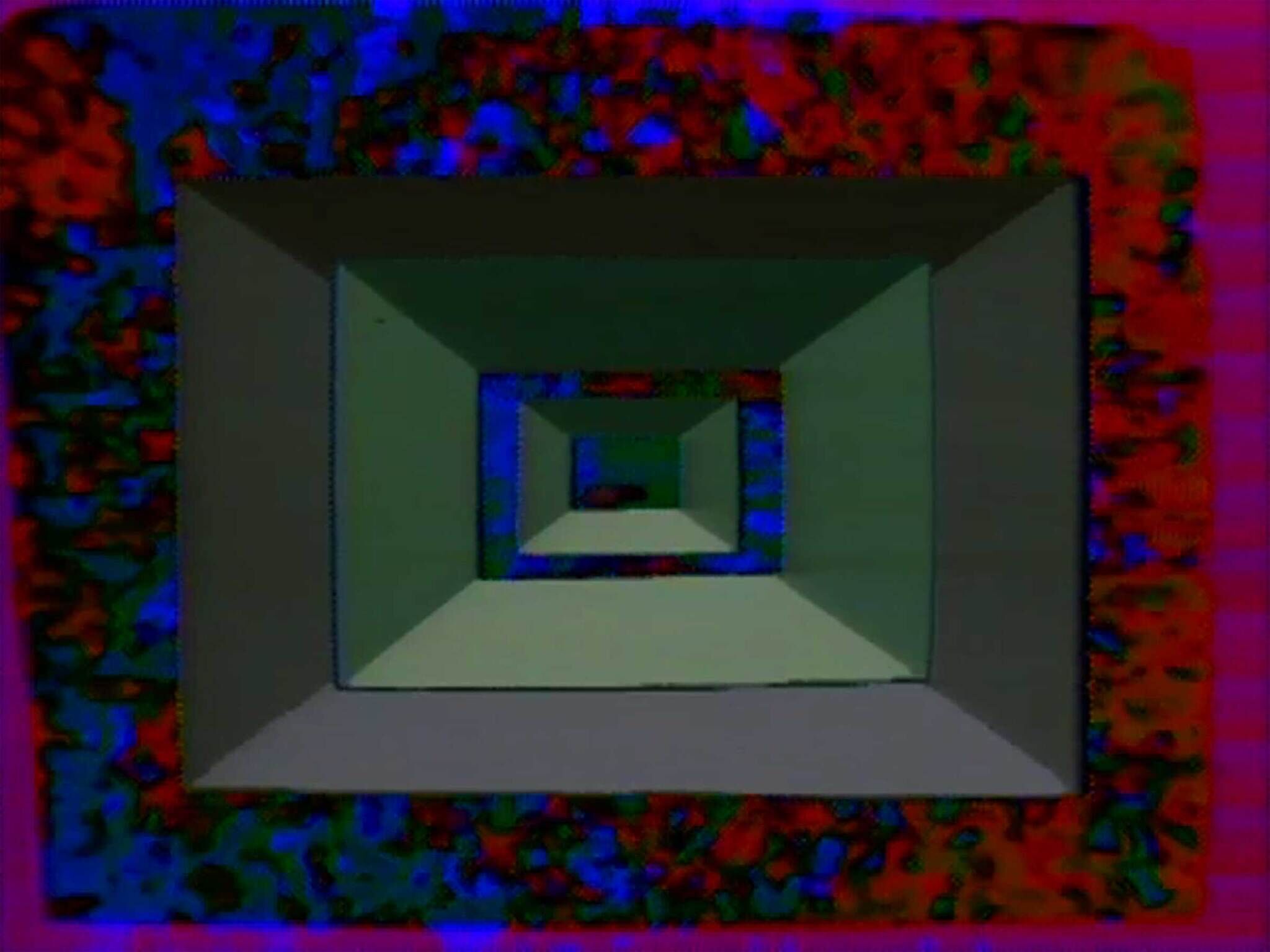 A series of nested square frames with colorful red, blue, and green patterns around the edges.