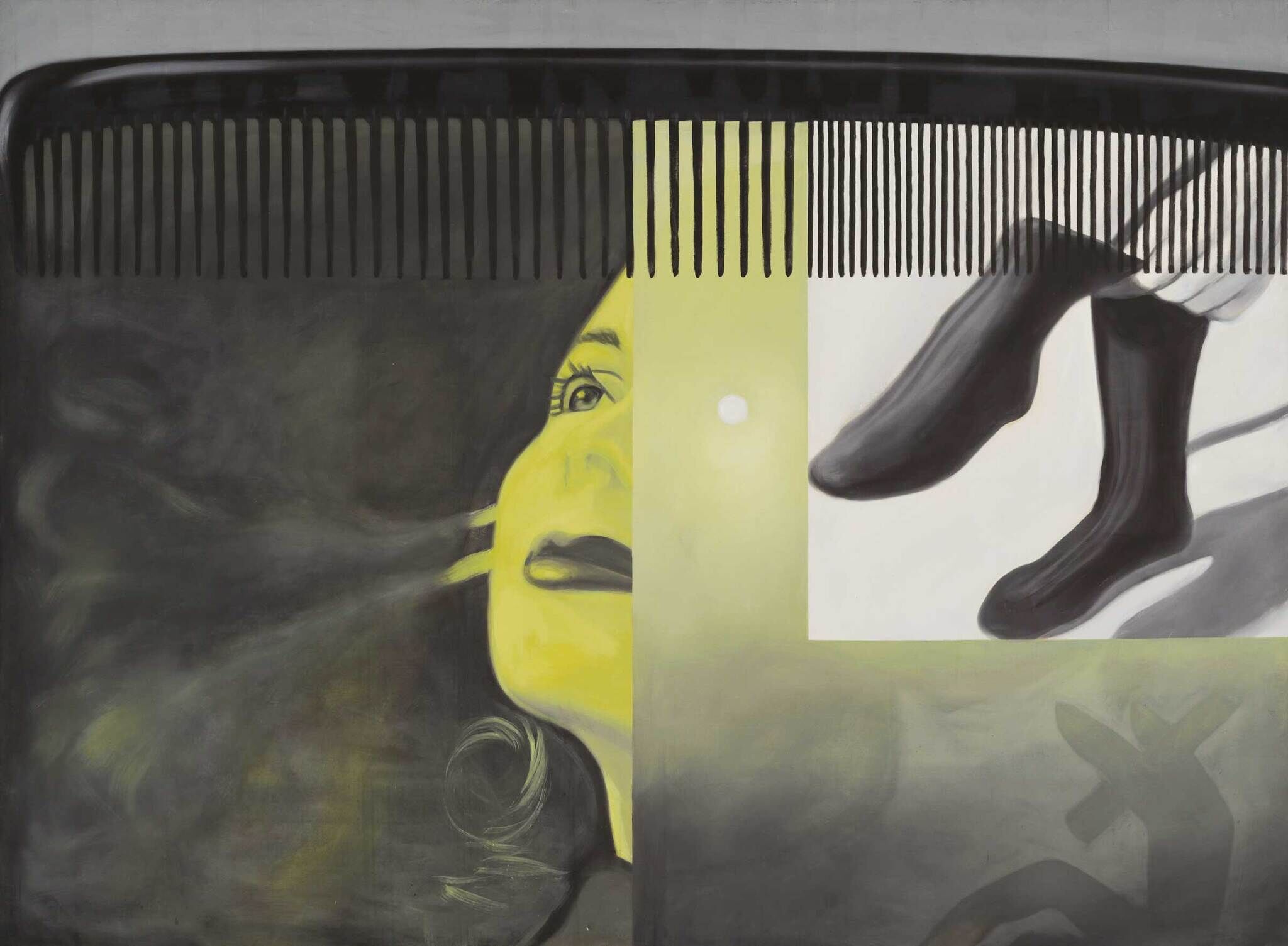 A large black comb divides a yellow-tinted woman's face and a pair of black socked feet.