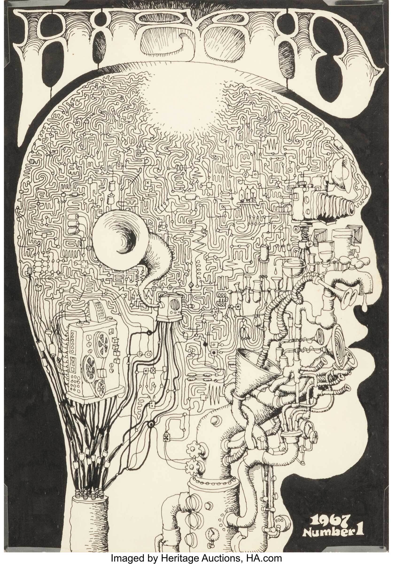 A human head filled with maze-like circuits and mechanical parts, with “1967 Number 1” written at the bottom.