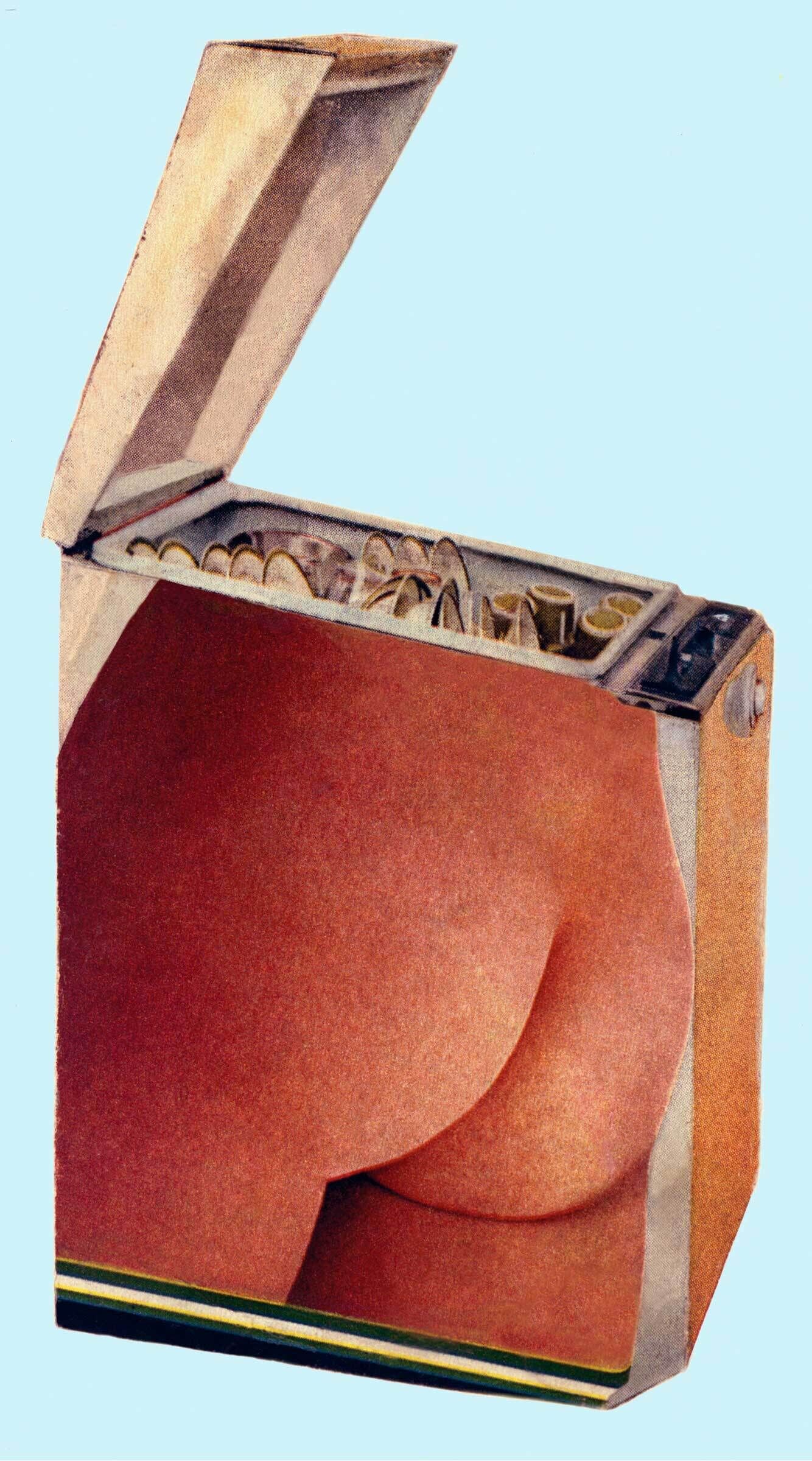 A surreal image shows a washing machine with a human body part replacing its front panel.