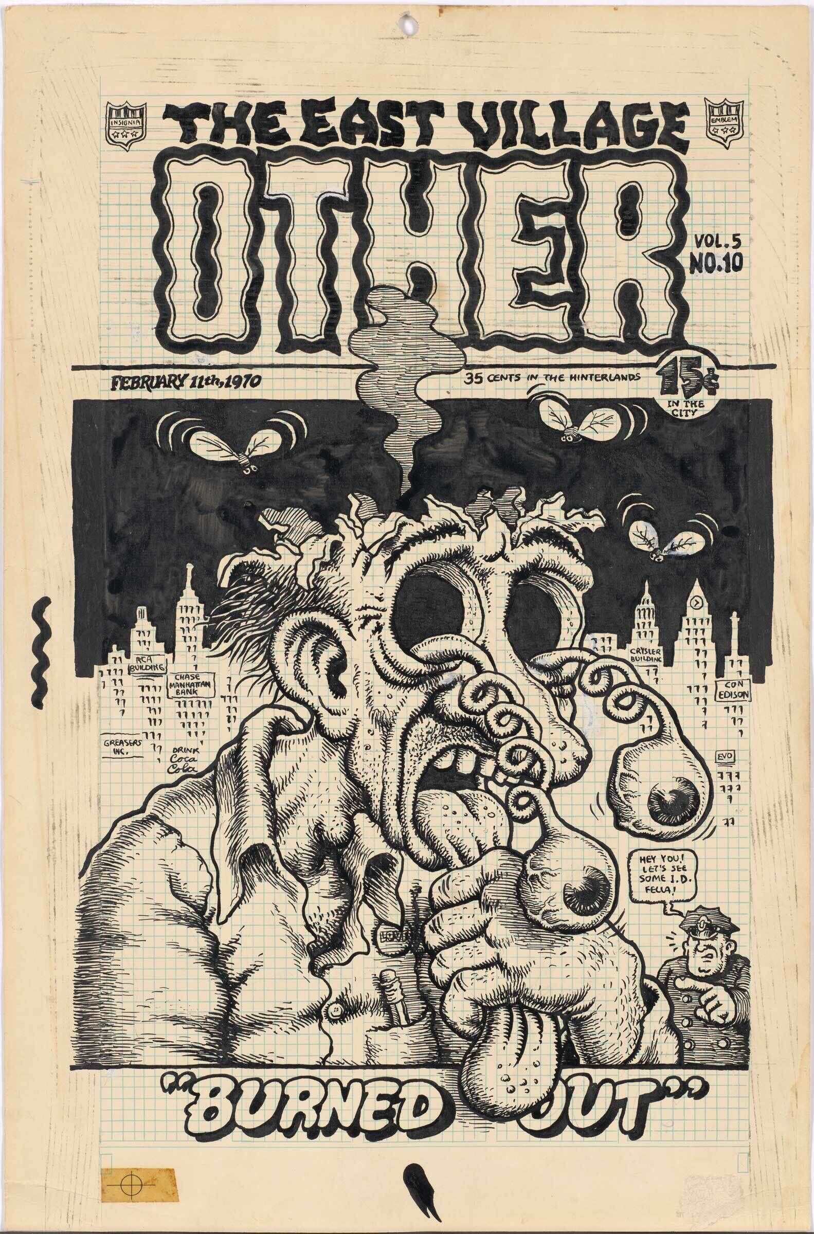 Cartoon man with bulging eyes and smoke from his head, titled "BURNED OUT," on a 1970 magazine cover.
