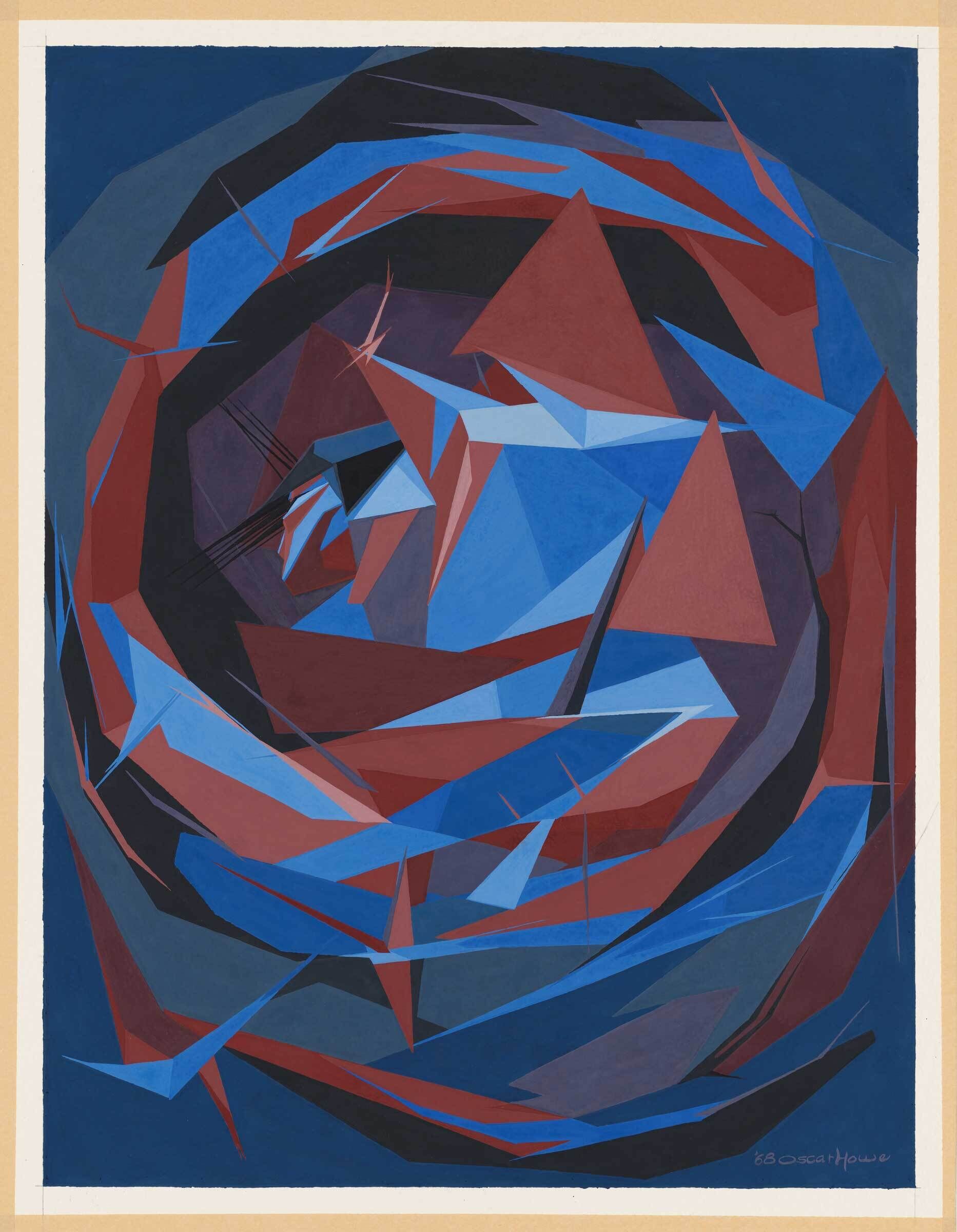 Abstract painting with sharp, overlapping shapes in blue, red, and black tones, forming a swirling circular pattern.